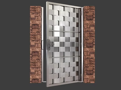 Modern Swing Door with Metal Frame Square Grid Design Between Brown Stone Walls 3d model