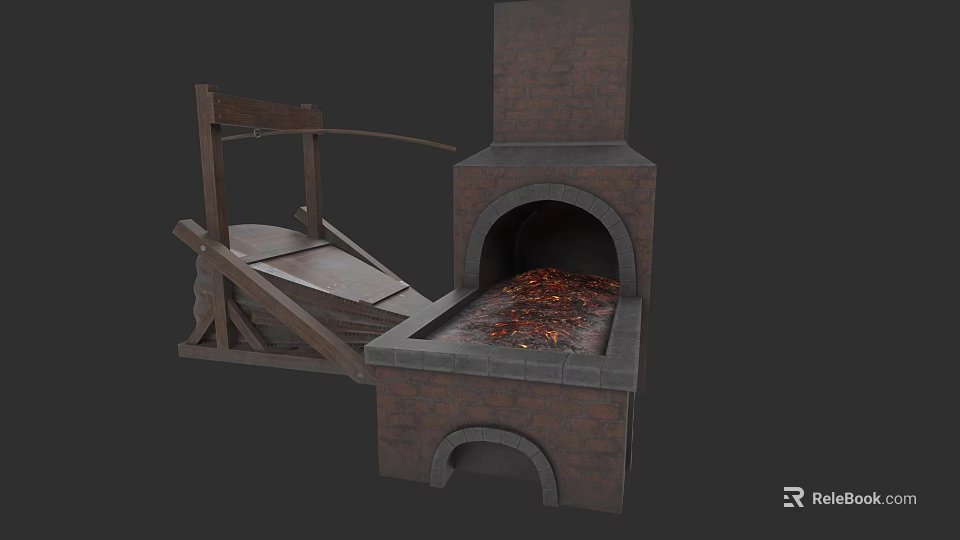 Wooden Fireplace Tools Set Next To Brick Fireplace With Burning Embers 3d model 