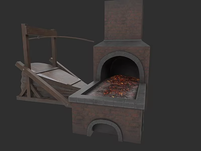 Wooden Fireplace Tools Set Next To Brick Fireplace With Burning Embers 3d model