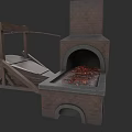 Wooden Fireplace Tools Set Next To Brick Fireplace With Burning Embers