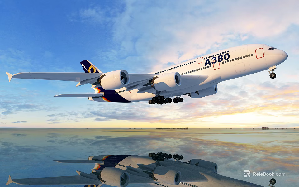 A380 Airliner Flying Over Blue Sky During Sunset With Water Reflection 3d model 