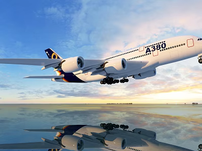 A380 Airliner Flying Over Blue Sky During Sunset With Water Reflection 3d model