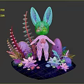 Fantasy Blue Rabbit Game Character With Large Ears Surrounded By Purple Pink Flowers Green Plants