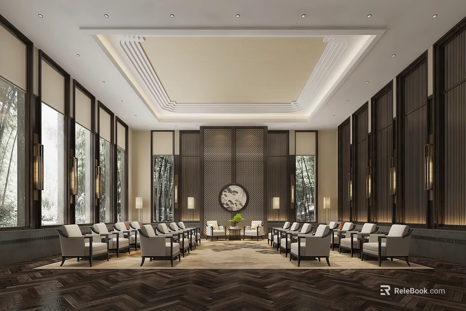 Elegant Hotel Public Lounge Area With Chinese Style Sofas Large Windows Circular Decor And Warm Lighting 3d model 