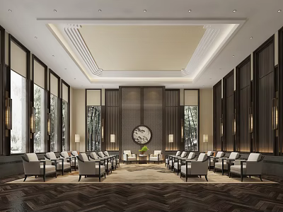 Elegant Hotel Public Lounge Area With Chinese Style Sofas Large Windows Circular Decor And Warm Lighting 3d model