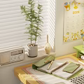 Modern Home Office Desk and Chair Set with Computer Monitor Keyboard Headphones and Green Plants