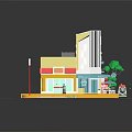 Cartoon Style Colorful Building Scene With Coco Sign Trees Street Lamp Outdoor Seating And Vehicle