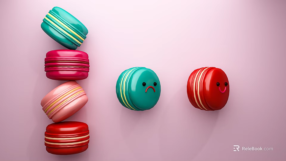 Colorful Macarons With Smiley And Sad Faces On Pink Background 3d model 