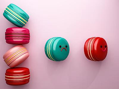 Colorful Macarons With Smiley And Sad Faces On Pink Background 3d model