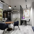 Elegant Lifestyle Studio Interior With Display Posters Tables Mirrors And Marble Floor