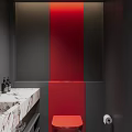 Modern Bathroom With Marble Countertop Mirrors And Red Accents