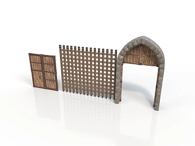 Traditional Architectural Elements Featuring Wooden Gate Lattice Fence And Arched Stone Doorway 3d model
