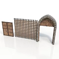 Traditional Architectural Elements Featuring Wooden Gate Lattice Fence And Arched Stone Doorway