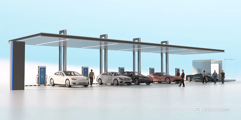 Modern Parking Canopy Structure With Steel Columns And Parked Vehicles 3d model 