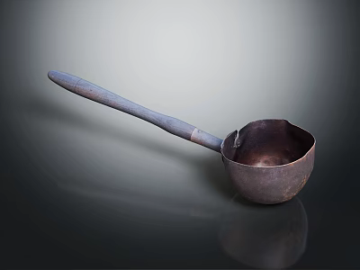 Vintage Metal Ladle With Long Handle On Smooth Black Surface And Gradient Gray Background 3d model