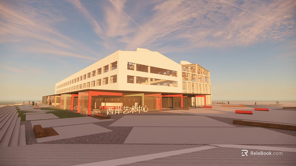 Modern Art Center Building With White Exterior And Large Windows In Open Plaza 3d model 