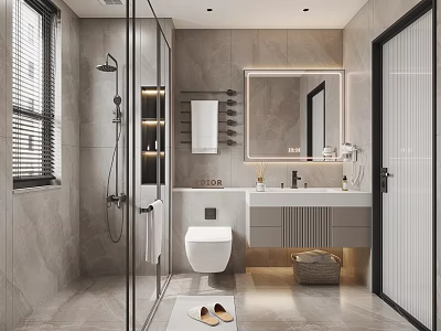 Modern Bathroom Interior With Glass Shower Enclosure Vanity Mirror And Tiled Walls 3d model