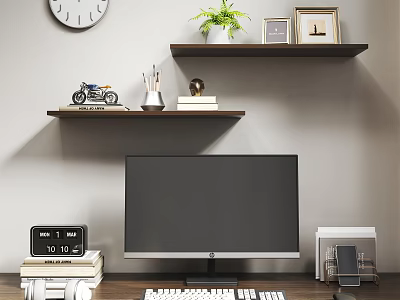 Modern Computer Monitor Setup On Wooden Desk With Keyboard Bookshelf Plant And Decorative Items 3d model