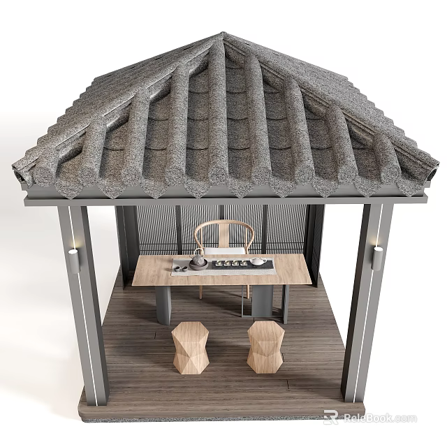 Traditional Tiled Roof Outdoor Pavilion With Wooden Floor Table Chair And Stools 3d model 
