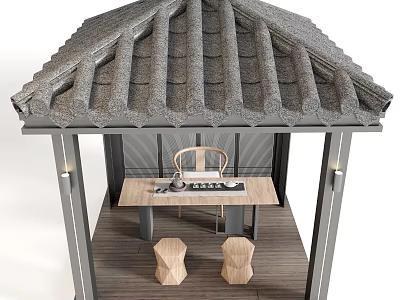 Traditional Tiled Roof Outdoor Pavilion With Wooden Floor Table Chair And Stools 3d model