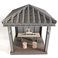 Traditional Tiled Roof Outdoor Pavilion With Wooden Floor Table Chair And Stools