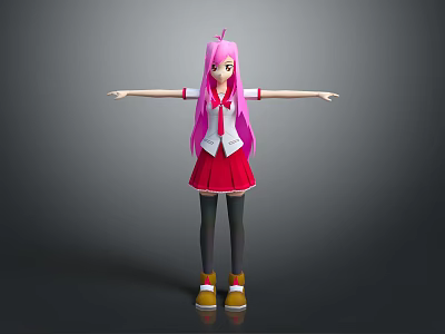 Game Movie Character With Pink Long Hair White Top Red Skirt Black Stockings And Yellow Shoes 3d model