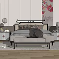 New Chinese Style Double Bed Interior With Floral Wall Art Nightstands Pendant Lamps And Bench