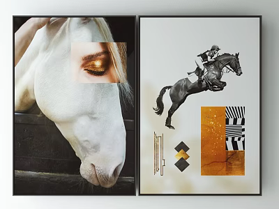 Decorative Wall Art Featuring Horse Head Golden Eye Rider Jumping Black White And Geometric Patterns 3d model
