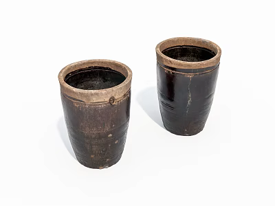 Two Rustic Dark Brown Ceramic Vessels With Cylindrical Shape And Textured Surface 3d model