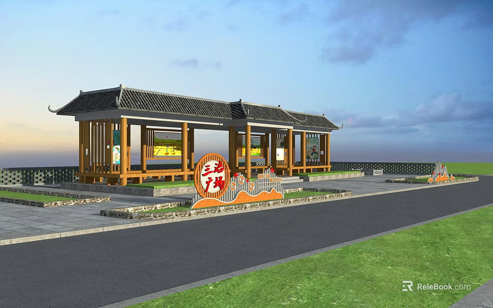 Traditional Chinese Style Pavilion With Wooden Structure And Overhanging Eaves By Lawn Road 3d model 