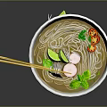 Noodle Soup In White Bowl With Wooden Chopsticks Fresh Cilantro Red Chili Radish Slices