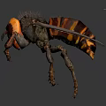 3D Rendering of Wasp with Yellow and Black Striped Body Long Legs and Compound Eyes