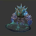 Game Movie Character With Blue Crystal Body And Mechanical Armor Glowing Ice Base