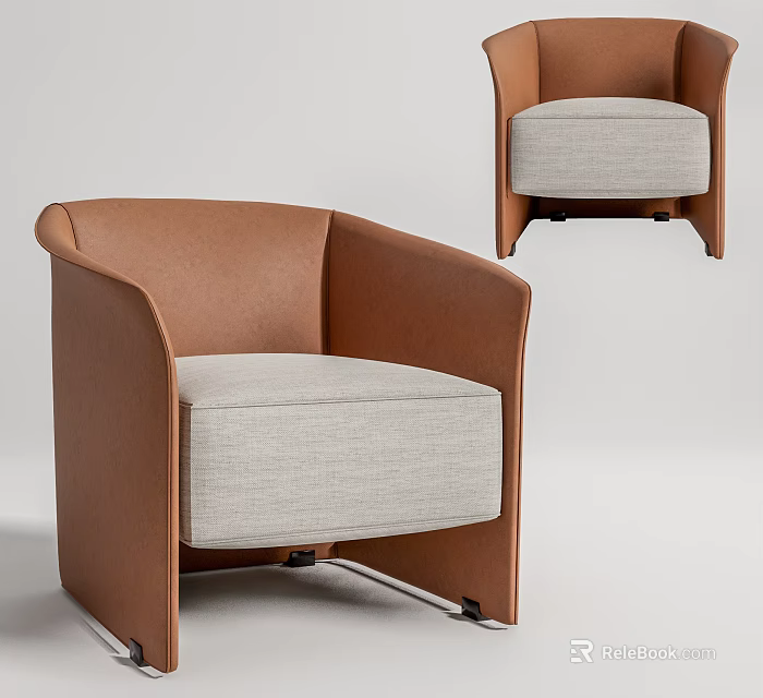 Modern Single Sofa With Brown Leather Armrest And Light Gray Fabric Cushion 3d model