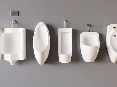 White Wall Mounted Urinals With Five Different Designs On Grey Background 3d model