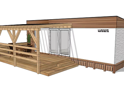 Modern Guesthouse Building With Wooden Porch Glass Doors White Walls And Brown Roof 3d model