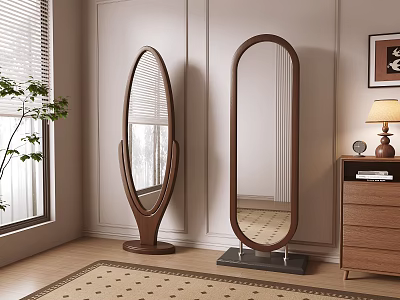 Modern Floor Mirrors With Brown Wooden Frames In Interior With Window Green Plant And Rug 3d model