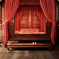 Traditional Chinese Room Interior With Red Curtains Calligraphy Paintings And Wooden Furniture