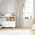 Cozy Nursery Room With White Storage Cabinet Toys Window Curtains Rug And Bean Bag