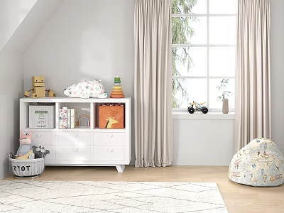 Cozy Nursery Room With White Storage Cabinet Toys Window Curtains Rug And Bean Bag 3d model