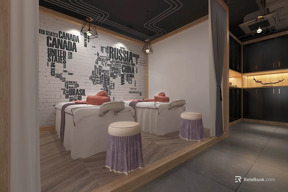 Relaxing SPA Sauna Room Interior With Massage Beds Decorative Wall And Cozy Stools 3d model 
