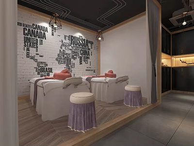 Relaxing SPA Sauna Room Interior With Massage Beds Decorative Wall And Cozy Stools 3d model