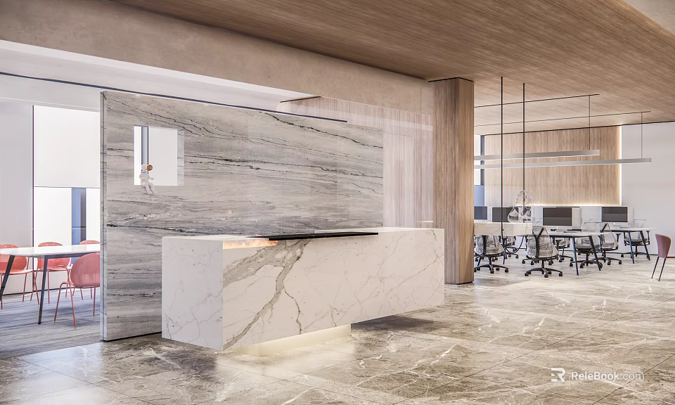 Modern Office Reception Desk With Marble Countertop And Wooden Ceiling In Elegant Workspace Interior 3d model 