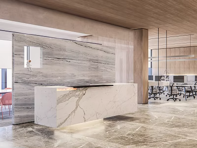 Modern Office Reception Desk With Marble Countertop And Wooden Ceiling In Elegant Workspace Interior 3d model