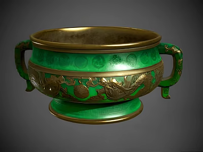 Ornate Green Ceramic Vessel With Gold Accents Dragon Patterns Handles And Decorative Base 3d model
