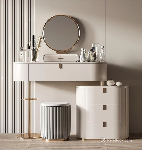 Modern White Dressing Table With Round Mirror Cosmetic Bottles And Stool 3d model