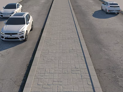 Road Infrastructure Featuring Brick Paved Central Pathway And Cars On Both Sides 3d model