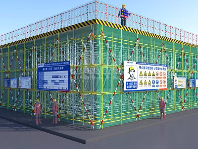 Full Enclosed Construction Scaffolding With Safety Protection Mesh And Standard Site Safety Warning Signs 3d model