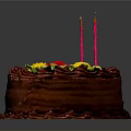 Chocolate Birthday Cake With Red Cream Decoration Two Red Candles And Yellow Red Flowers