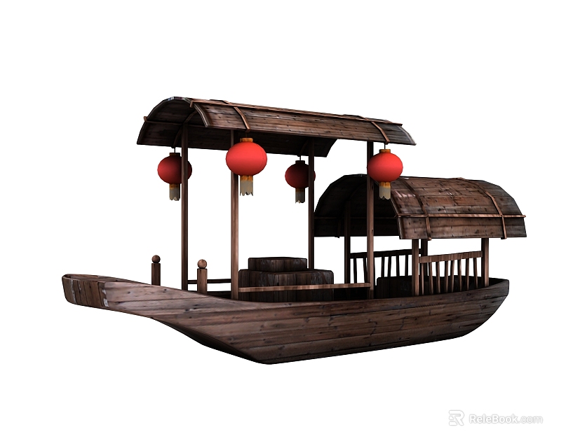Classic Traditional Chinese Wooden Boat with Roofed Structure and Red Decorative Lanterns 3d model 
